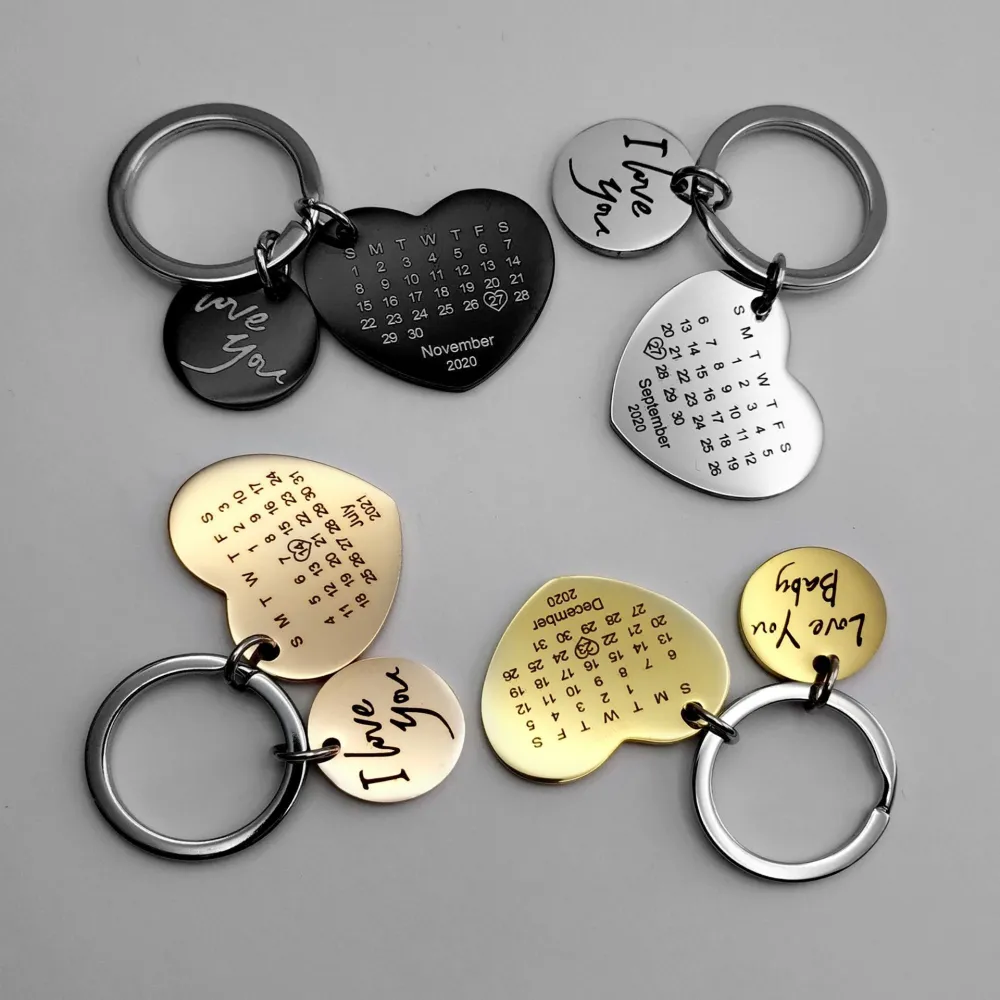 Lettering Heart Shaped Love Heart-shaped Calendar Stainless Steel Key Ring