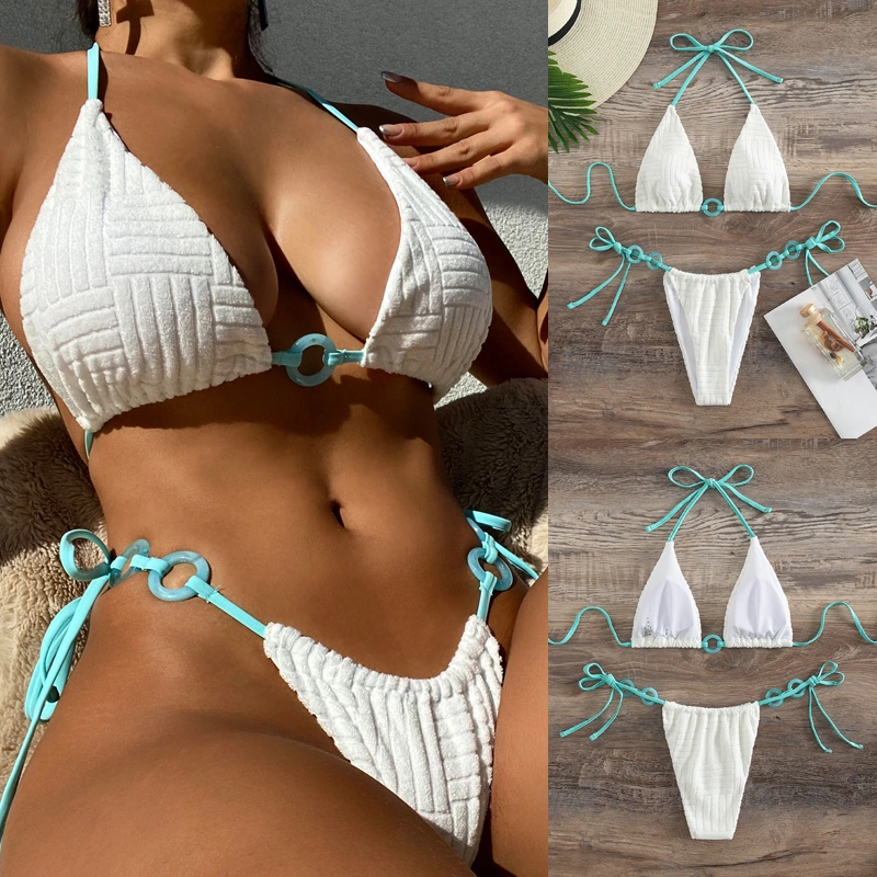 Solid Color Lace-up Triangle Spa Resort Split Bikini Swimsuit