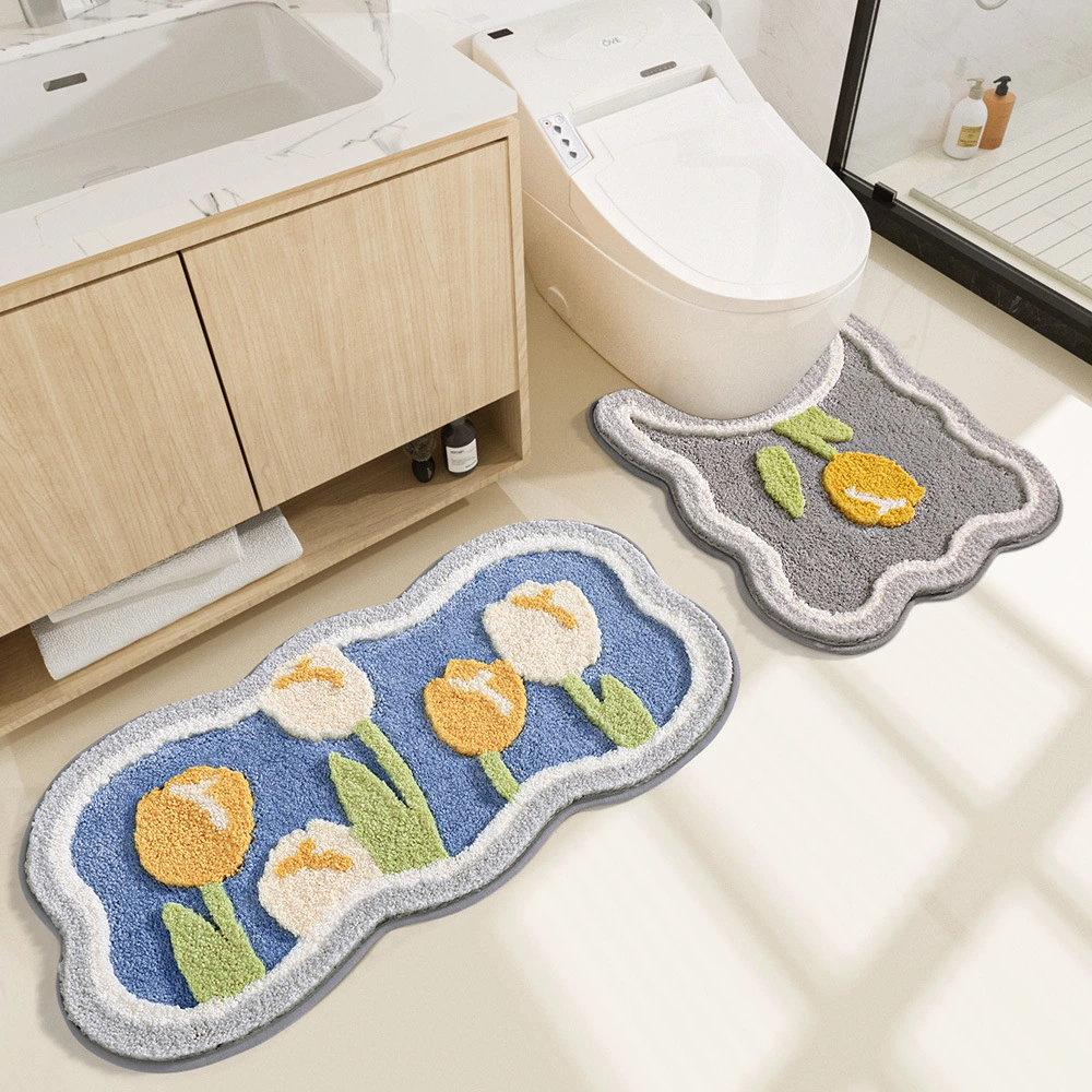 Modern Flocking Minimalist Flower Absorbent Floor Mats For Household Anti-skid