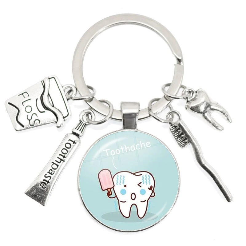 Toothbrush Toothpaste Tooth Shape Keychain Glass Round Fashion Bag Package Pendant