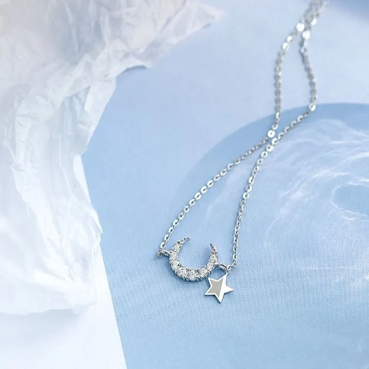 S925 Sterling Silver Moon Star Necklace Female Clavicle Chain