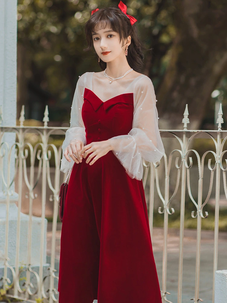 Niche Red Toast Dress Engagement Velvet Long-sleeved Dress