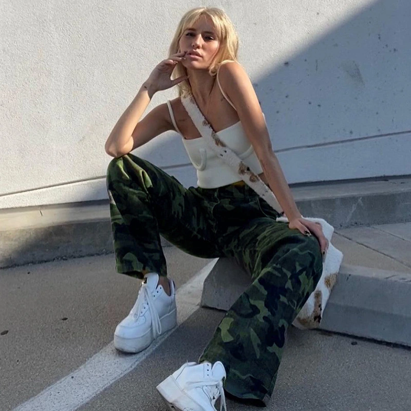 Hip Hop Army Green Camouflage High Waist Straight Pants