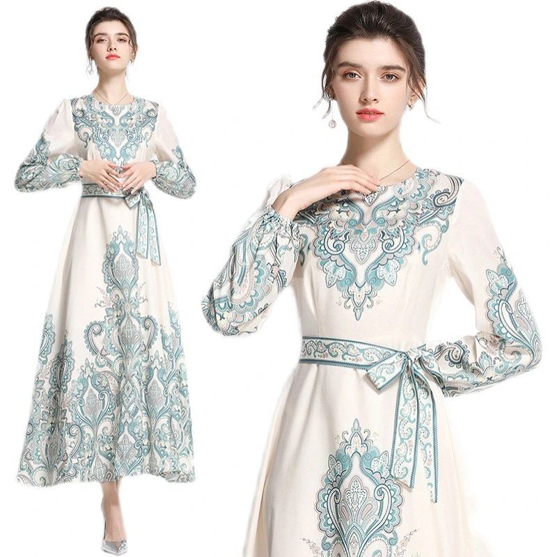 Round Neck Pullover Positioning Printing Dress Long Skirt