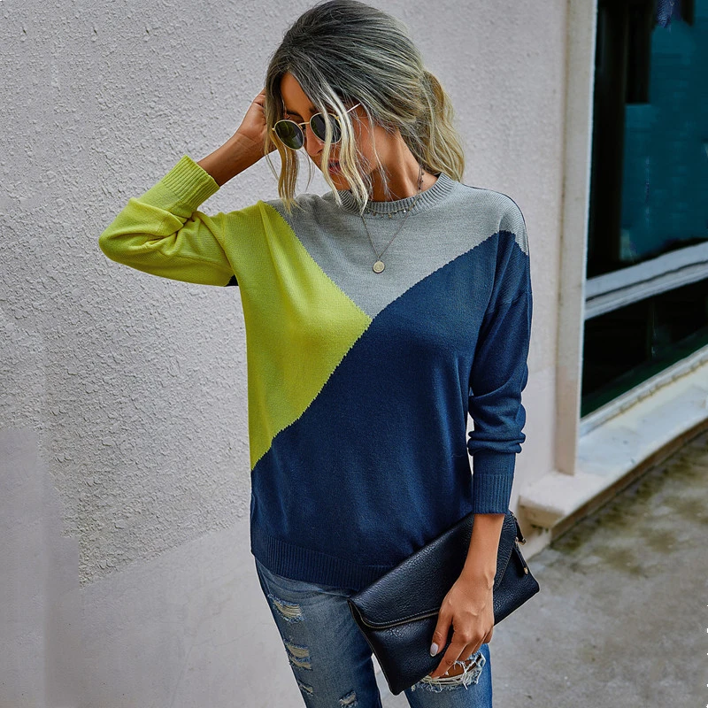 Fashion Stitching Contrast Color Slim Women's Sweater