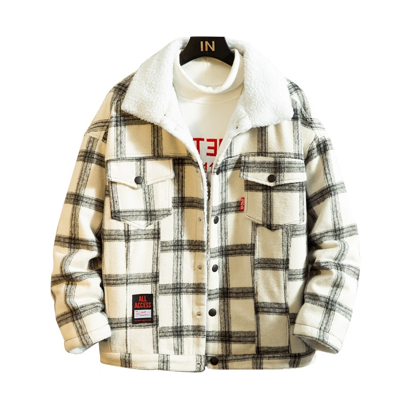 Men's Plaid Woolen Lamb Wool Padded Coat