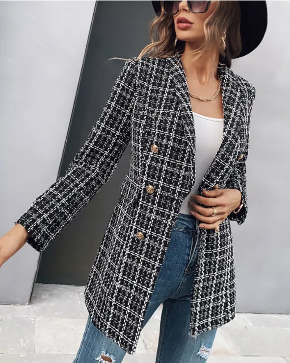 Women's Double-Breasted Plaid Small Suit Loose Top