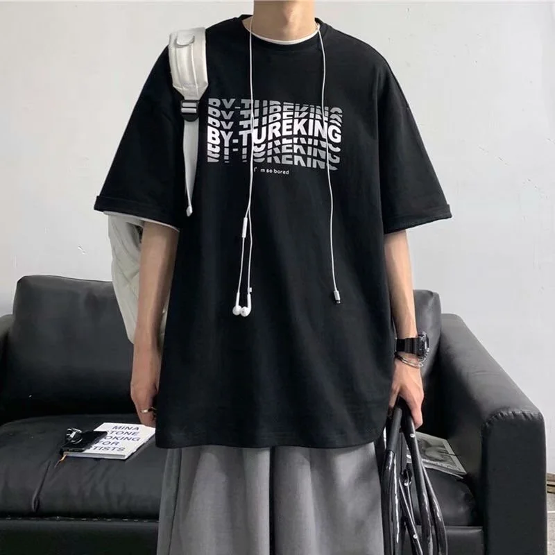 T-Shirt Men's Short-Sleeved Tide Brand Wild Loose Five-Point Sleeves Korean Version Of the Trend Ins Hong Kong Style Half-Sleeved Summer Round Neck Body