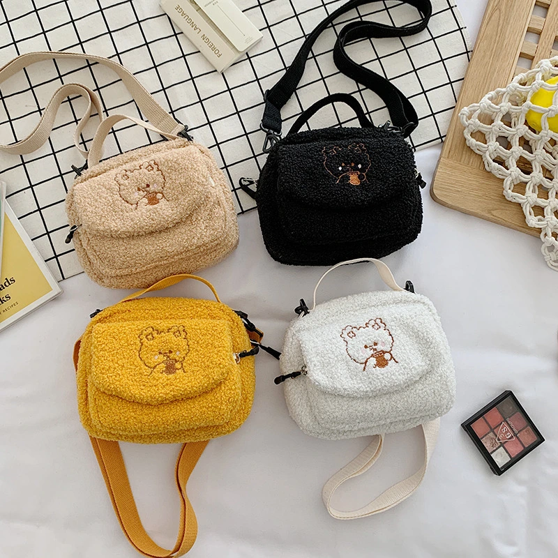 Women Mini Plush Shoulder Bag Female Small Canvas Cross Body Bags Ladies Embroidery Zipper Cloth Purse Mobile Phone Bag Tote