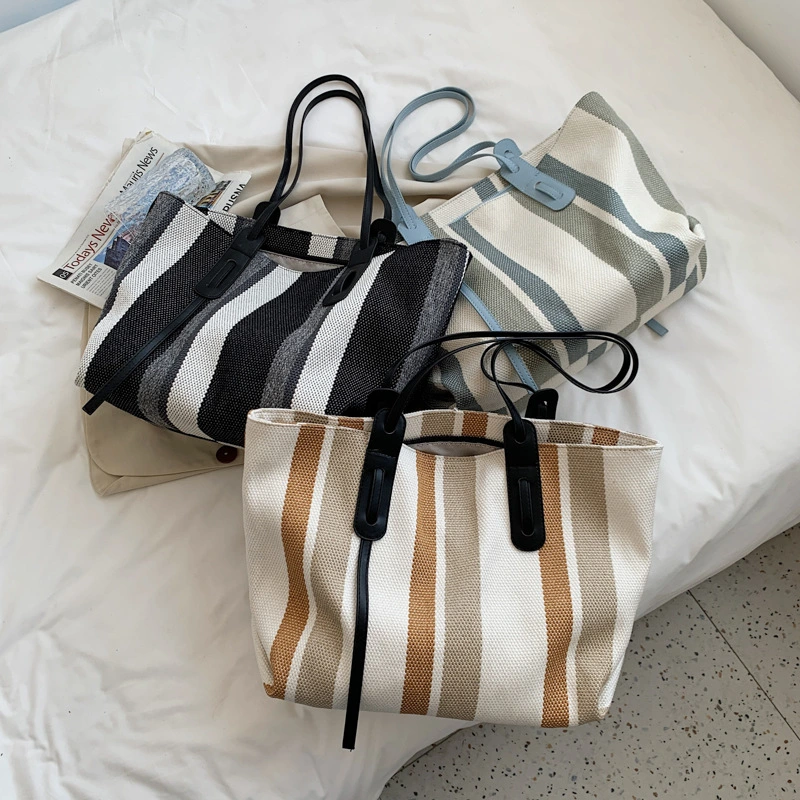 Canvas Large-capacity One-shoulder Tote Bag Stripe Contrast Color Handbag