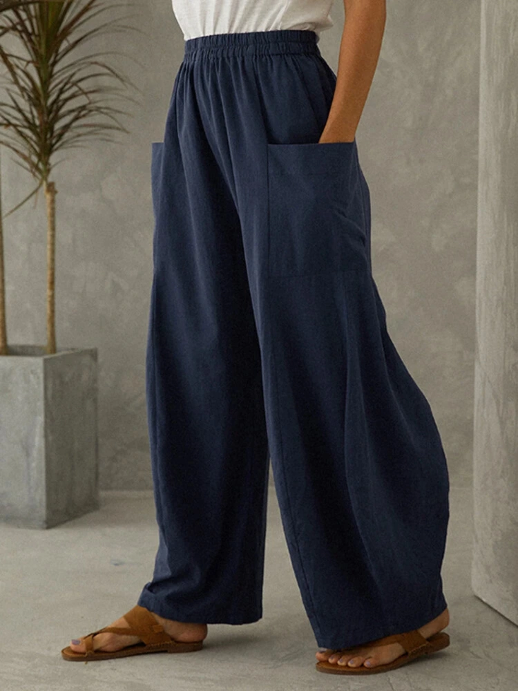 Solid Color Pocket Elastic Waist Casual Trousers