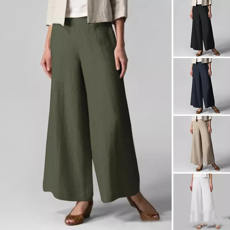 Loose Casual Women's Elastic Waist Flared Pocket Wide Leg Trousers