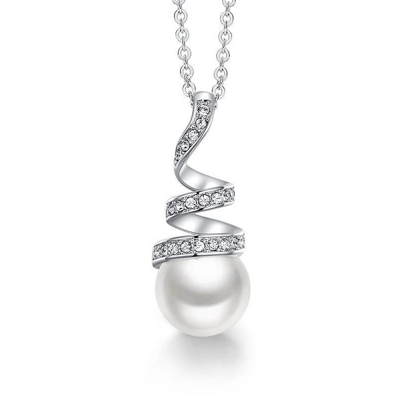 Ladies Spiral Pearl 18K White Gold Plated Clavicle Chain