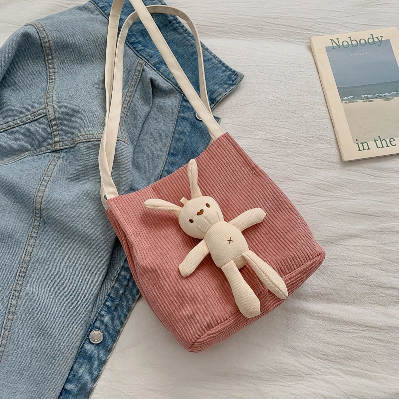 Student Cartoon Cute Rabbit Corduroy One-shoulder Messenger Bucket Bag