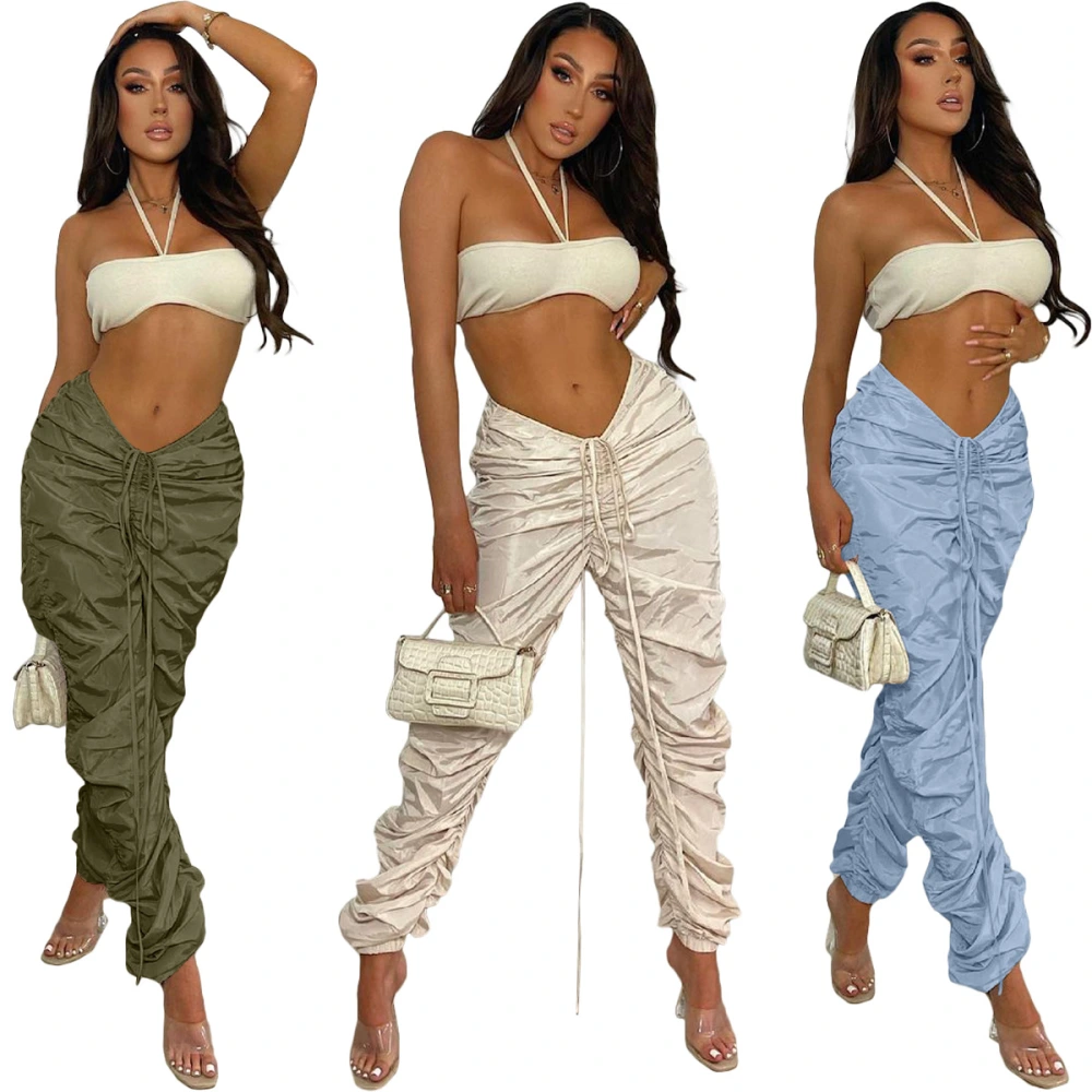 Fashionable New Solid Color Memory Fabric Pleated Drawstring Sports Casual Pants