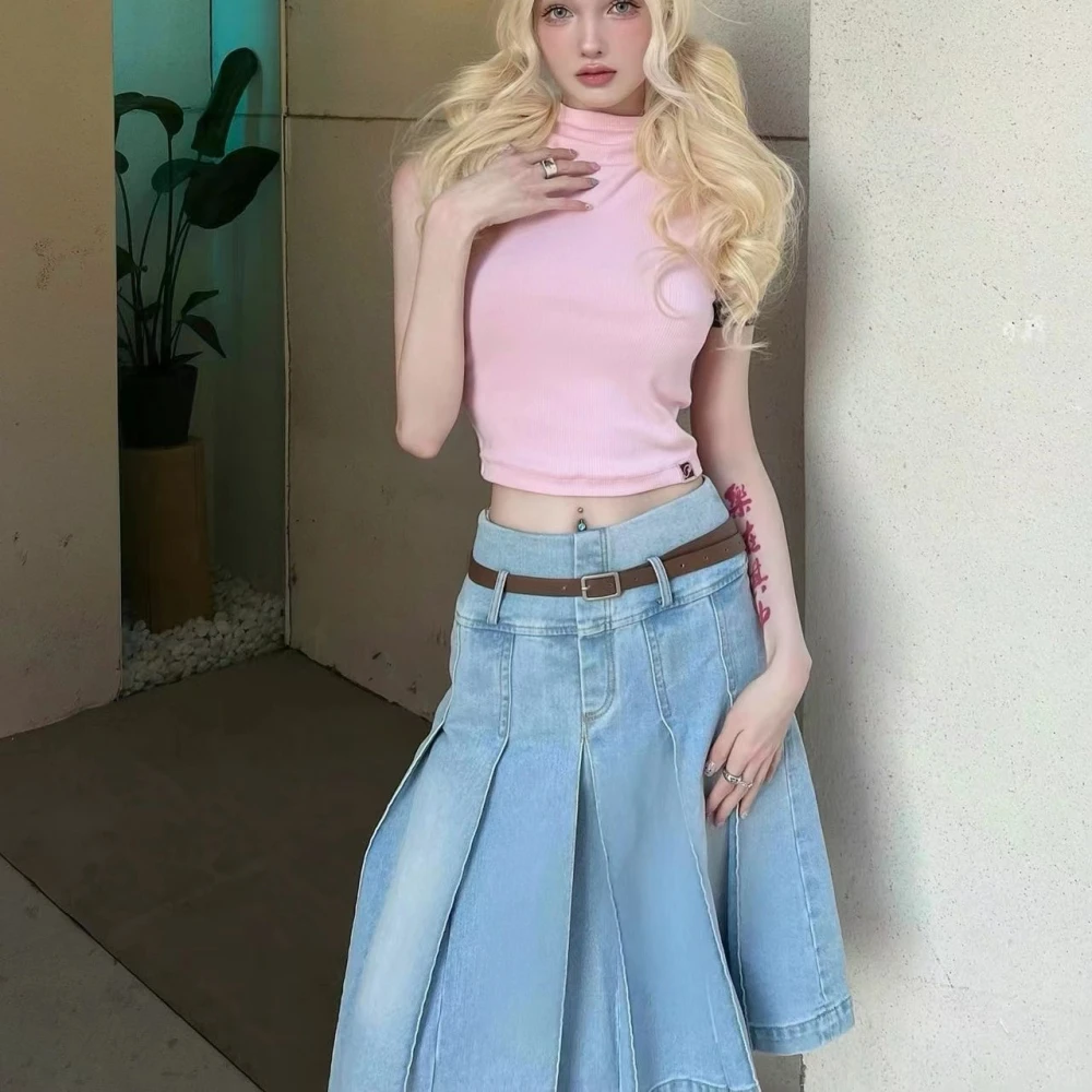 Retro Washed Light Blue Denim Pleated Skirt