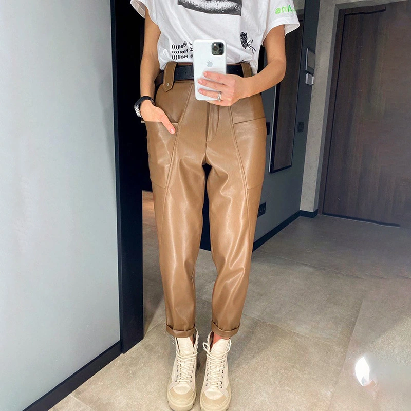 European and American fashion big pocket leather pants