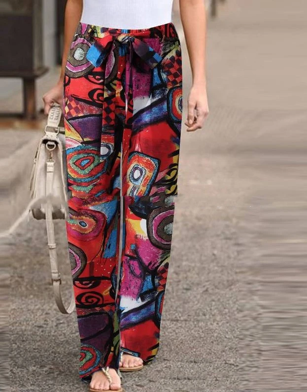 Autumn Fashion Printed Loose Pants Elastic Belt Wide Leg Pants