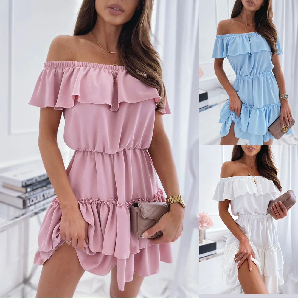 Women's Sexy One-Neck Off-Shoulder Ruffled Wood Ear Cake Dress
