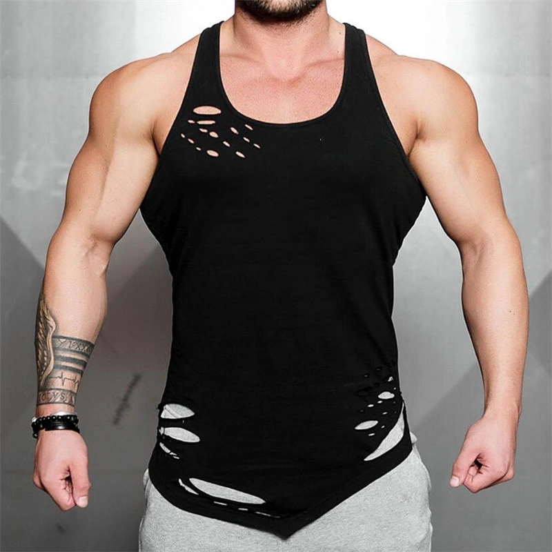 Men's casual outdoor ripped cotton sports round neck vest