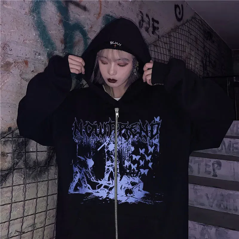 2023 New Dark Style Gothic Zipper Hooded Sweatshirt Y2k