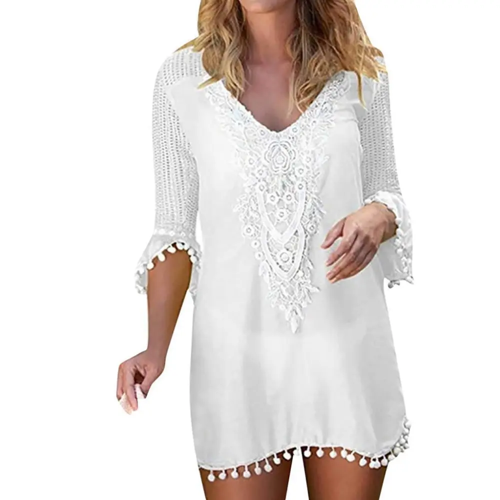 Beach resort V-neck half sleeve mesh lace wool ball beach blouse sunscreen skirt