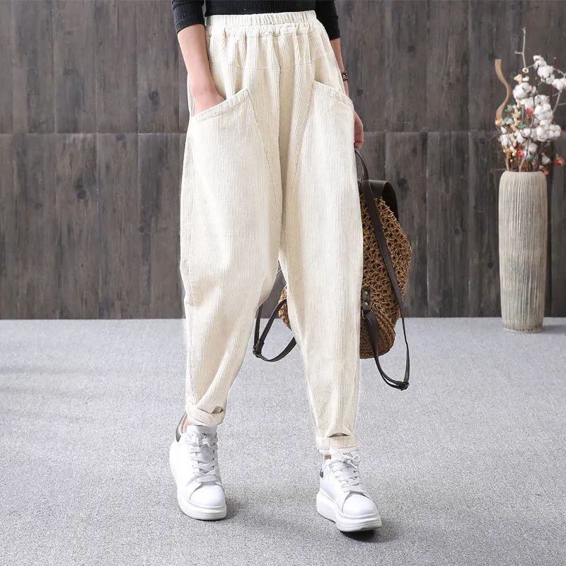 Corduroy Elastic Waist Showing Thin Stripe Loose Casual Pants