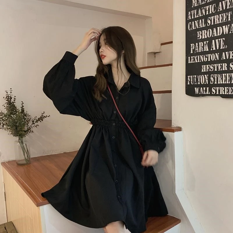 2023 NEW French retro mid-length dress female Korean version chic long-sleeved shirt skirt black skirt