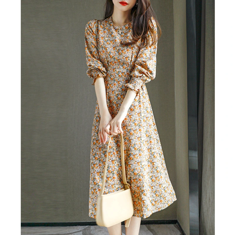 2023 NEW Floral dress, French retro waist slimming temperament slim skirt