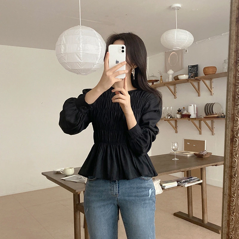 2023 NEW Blouse women's long sleeve French, waist closed peplum small skirt short