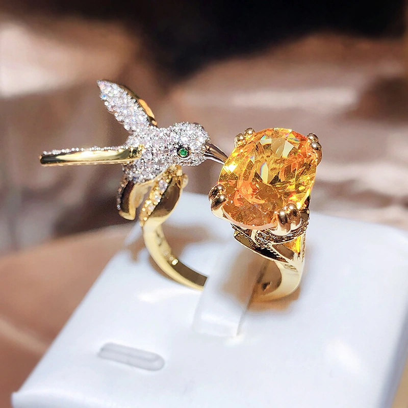 Cross-border Little Red Book Recommended Design of Colorful Treasure Women's Ring Imitation Santa Maria Sea Blue Treasure Hummingbird Ring