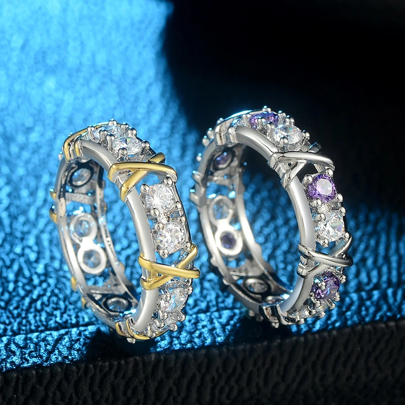 Hot Selling Zircon Double Color Ring from Europe and America Women's Cross Colored Zircon Engagement Jewelry