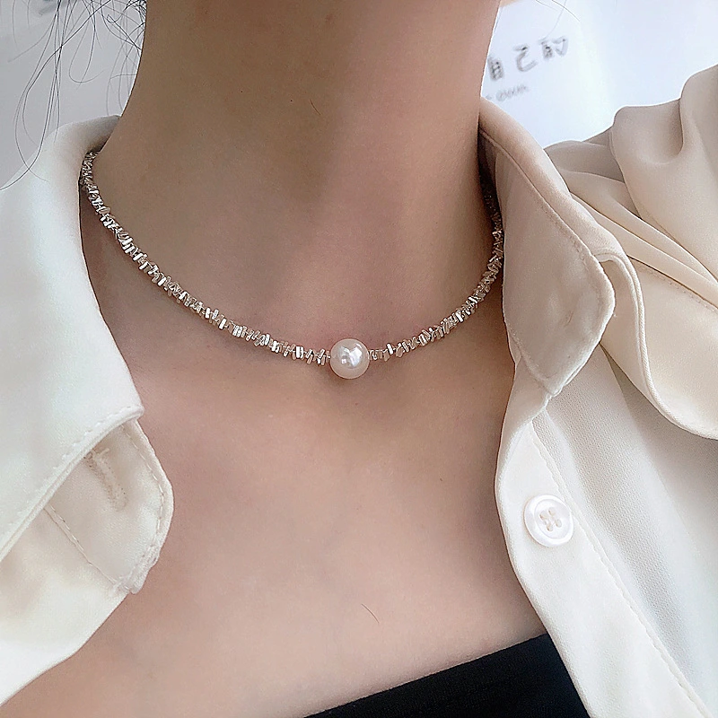 New Versatile Light Luxury Sterling Silver Women's Broken Silver Pearl Necklace Women's Collar Chain Small Design Sense INSIDE Trend