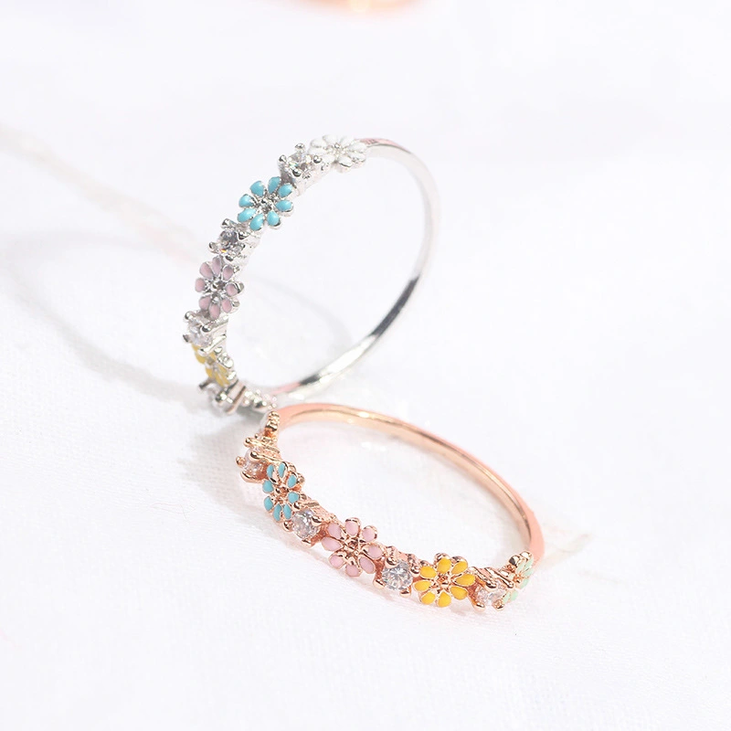 Color-preserving Micro-inlaid Zircon Flower Ring Sweet And Lovely