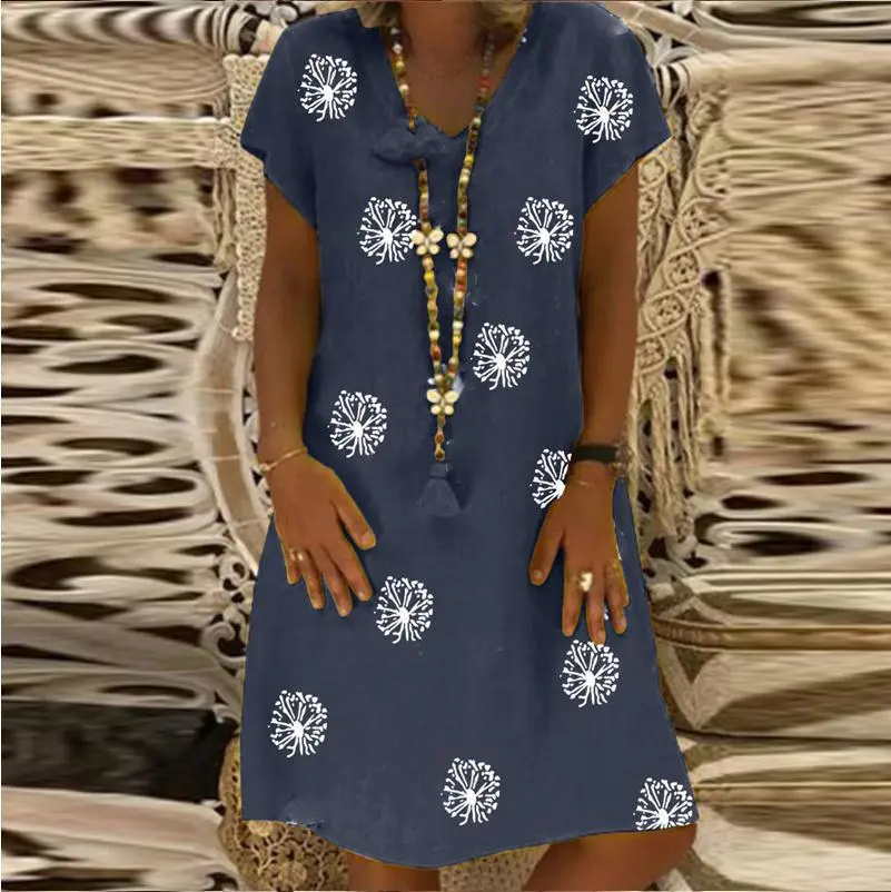 Women's Summer New Style Printed Loose Women's V Neck Short Sleeved Dress