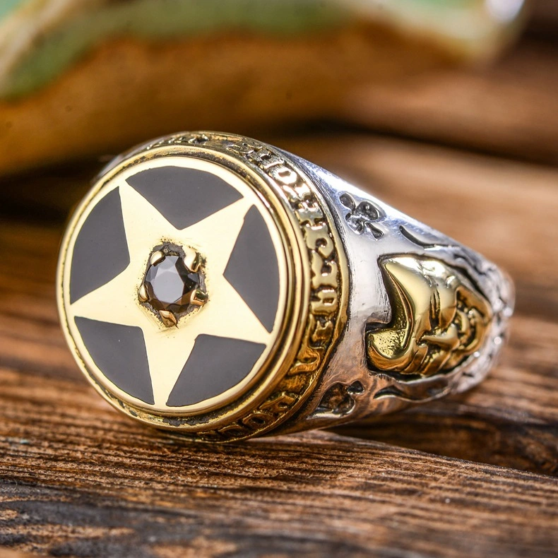 Five-pointed Star Thai Silver And Black Agate Ring