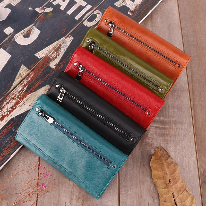 Ladies Genuine Leather Simple Solid Color Long Wallet