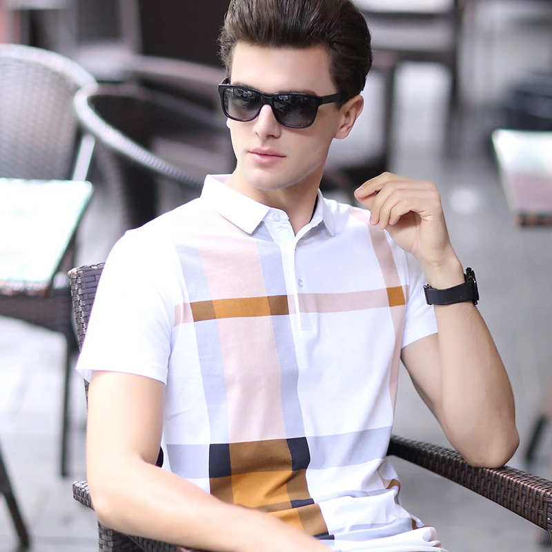 Middle-aged Plaid Lapel Mercerized Cotton T-shirt