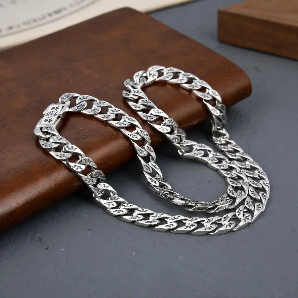 Crown Link Chain Necklace In Sterling Silver