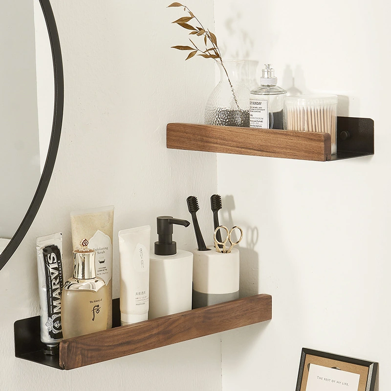 Walnut Wooden Bathroom Storage Punch-free Wall-mounted Solid Wood Storage Bathroom Rack