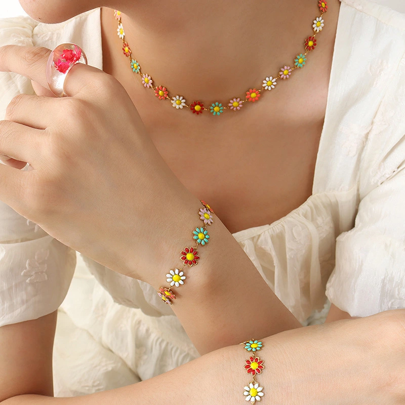 Colorful Small Flower Drop Oil SUNFLOWER Chain Stitching Necklace Bracelet Jewelry Set