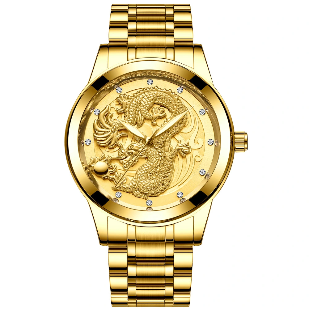 Yellow Gold Quartz Steel Belt Dragon And Phoenix Couple Watch