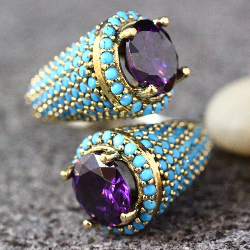 Yichen Wish Turquoise Gemstone Ring Ring Ladies Vintage Purple Zircon Ring