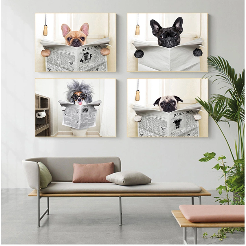 Bathroom Decoration Dog Reading Newspaper Painting Wall Canvas