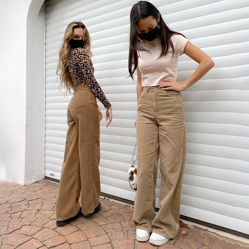 Fashion high-waist slim-fit corduroy straight-leg casual pants wide-leg pants