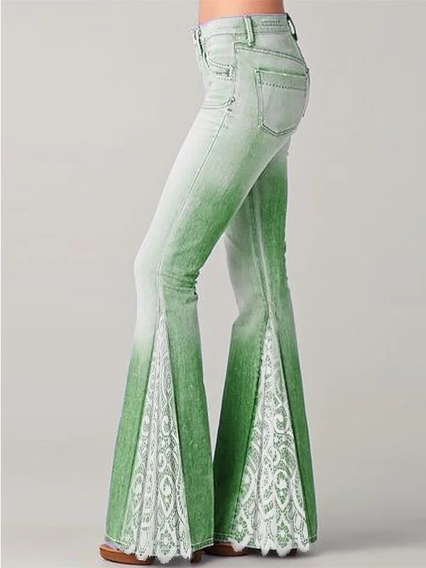 Fashion Gradient Lace Stitching Ruffled Jeans Flared Pants