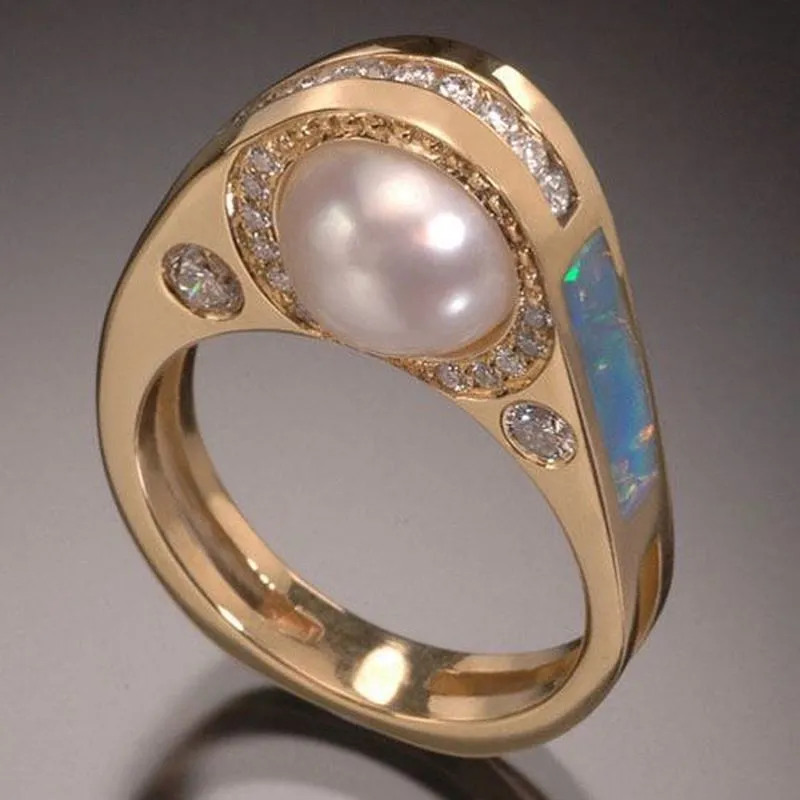 Alloy Inlaid Artificial Pearl Drop Oil Gold-plated Ring