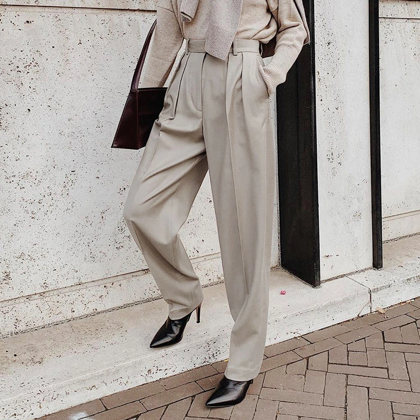 Women's Suit Pants Straight High Waist Casual Trousers Drape Trousers