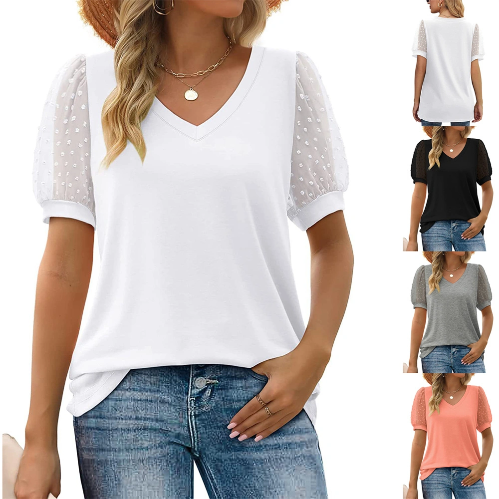 Women's T-shirt Solid Color V-neck Simple Mesh Bubble Sleeve