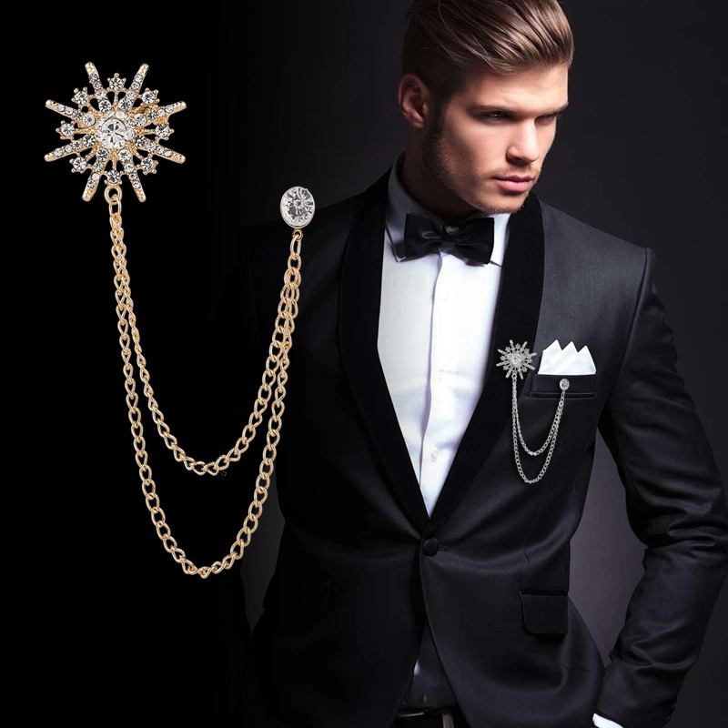 New Men's Suit Brooch Octagonal Star Chain Tassel High-end Suit Formal Dress Accessories